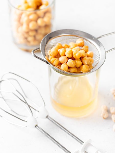 Aquafaba, chickpea water brine draining. Replace egg for vegan recipe